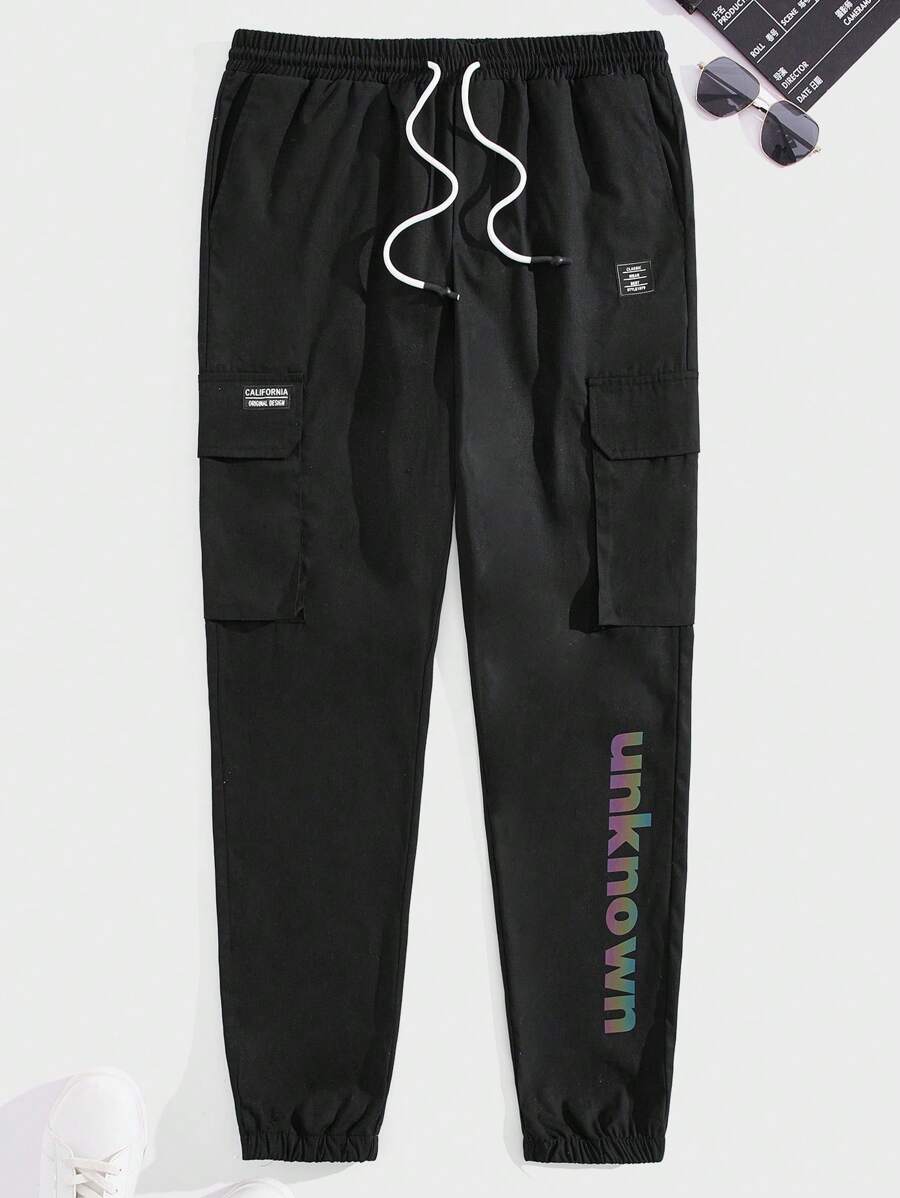Manfinity VCAY 男士字母圖案翻蓋口袋腰部抽繩工裝褲 - 黑色 - 查看 1