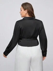 BizChic Plus Solid Knot Side Wrap Blouse - Black - View 2