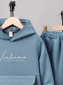 SHEIN Chico preadolescente Pantalones deportivos con capucha con estampado de slogan con bolsillo de canguro