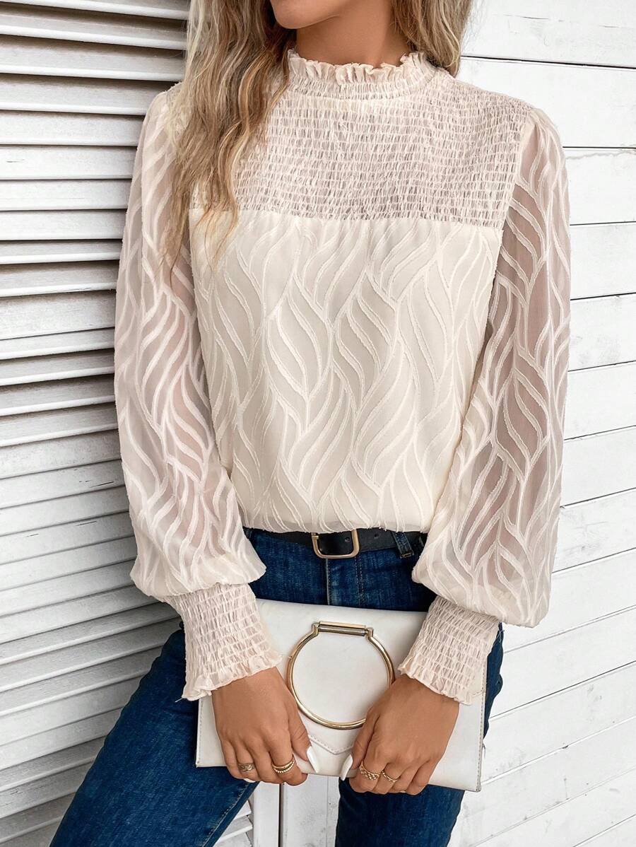 SHEIN Frenchy Frill Trim Lantern Sleeve Blouse - Apricot - View 1