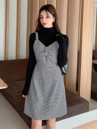 DAZY Houndstooth Print Twist Front Cami Dress Without Tee