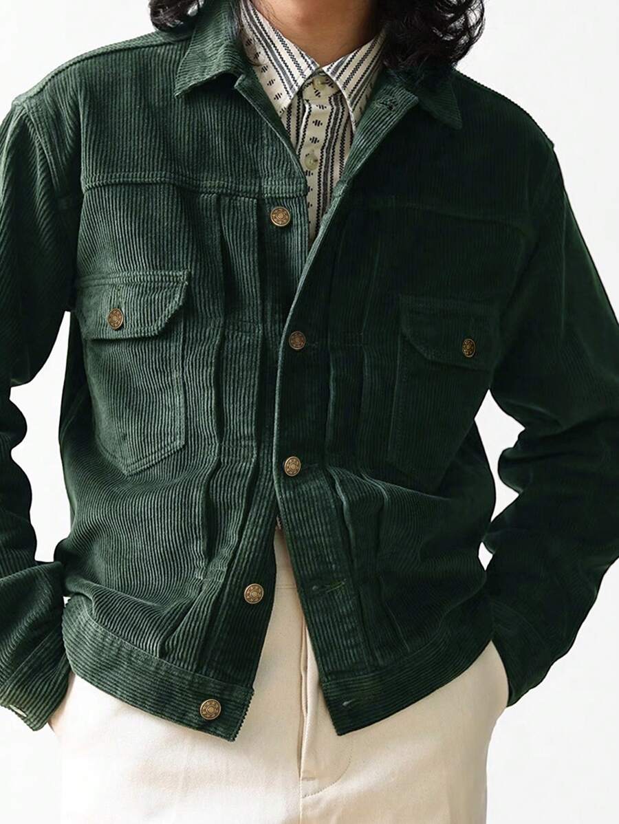 Manfinity Homme Men Flap Pocket Corduroy Jacket - Dark Green - View 1