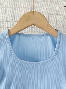 SHEIN Tween Girl Knitted Solid Color Jumpsuit, Short Sleeve, Casual Style, Light Blue, Spring/Summer - Baby Blue - View 6