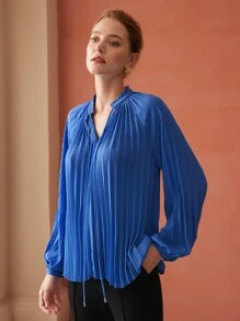 MOTF PREMIUM PLEATED TIE-NECK BLOUSE - Blue - View 7