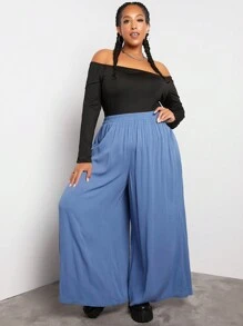 SHEIN CURVE+ 大碼素色闊腿褲 - 霧霾藍 - 查看 4