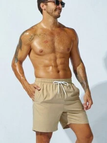 Surfspeed 男士腰部抽繩斜口袋素色泳褲 - 卡其色 - 查看 6