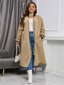 SHEIN LUNE Plus Contrast Trim Open Front Coat - Khaki - View 4