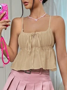SHEIN Qutie Tie Trước Xù Hoa Sen Cami ngọn - Màu be - Xem 1