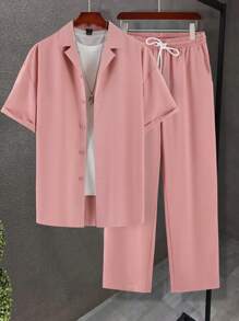 Manfinity Homme Men's Loose Fit Solid Color Lapel Neck Plain Shirt & Pants Set, For Boyfriend Gift, Men's Co-Ord Set, Men's Summer Outfit, Men's Pink Two-Piece Outfit - Dusty Pink - View 6