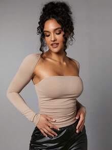 SHEIN BAE Solid Ruched Tube Top With Bolero - Khaki - View 5