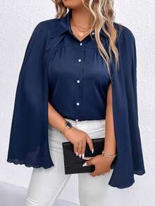 SHEIN Clasi Hơn Chất rắn áo tay cánh Nút phía trước Áo sơ mi - Màu xanh lam - Xem 3