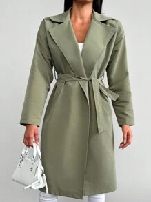 RueChic Lapel Neck Drop Shoulder Belted Trench Coat - Olive Green - View 1