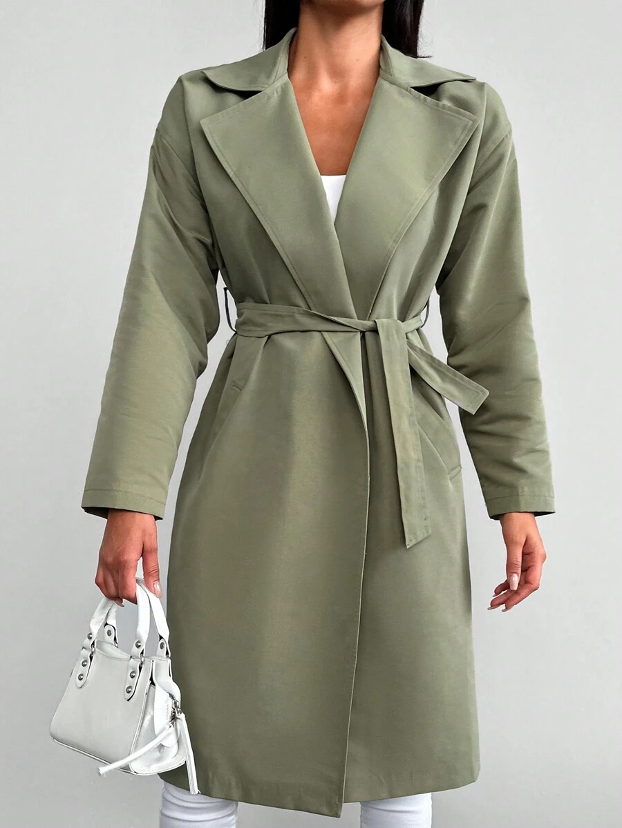 RueChic Lapel Neck Drop Shoulder Belted Trench Coat - Olive Green - View 1