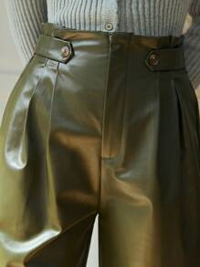 SHEIN Frenchy 高腰 PU 皮褲 - 軍綠色 - 查看 6