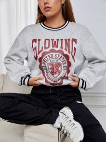 SHEIN EZwear 字母圖案條紋飾邊落肩袖運動衫 - 灰色 - 查看 4