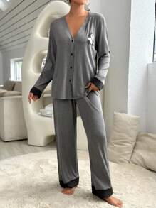 Panda Print Contrast Trim Button Front Top & Pants Lounge Set Outfit, Fall Winter Clothes - Grey - View 7