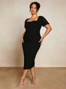 SHEIN BAE 加大方领褶饰紧身连衣裙，女士生日礼服 - 黑色 - 查看 6