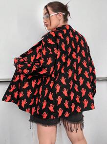 Flirla 大碼萬聖節滿版印花前紐扣襯衫 - 黑色 - 查看 2