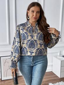 SHEIN Franclia Plus Allover Print Tie Neck Flare Sleeve Blouse - Blue - View 6