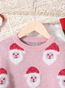 SHEIN Tween Girl Christmas Santa Claus Pattern Drop Shoulder Sweater,In Fall/Winter - Multicolor - View 5