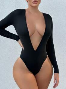 Zolique Plunging Neck Slim Fit Bodysuit Fall Cloth For Women - Black - View 4