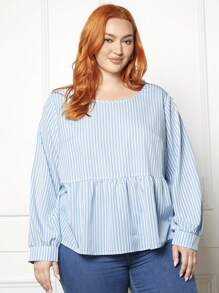 SHEIN CURVE+ Plus Striped Print Ruffle Hem Blouse - Blue - View 4