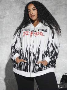 SHEIN CURVE+ 加大码字母火焰图案拉链抽绳卫衣 - 白色 - 查看 4