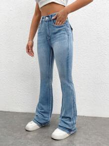 SHEIN EZwear Embroidery Detail Flare Leg Jeans - Medium Wash - View 4