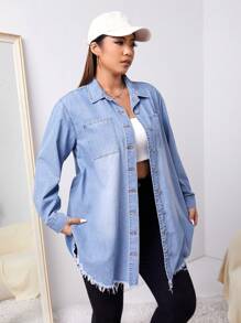 SHEIN EZwear Hơn Đã vá Túi Cắt Thô Curved Hem Áo denim - Màu xanh lam - Xem 5