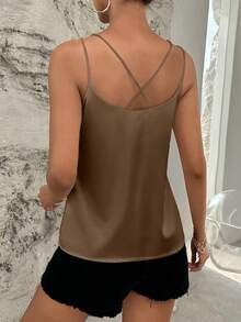 SHEIN Essnce Chất rắn Xa ten Cami ngọn - Cà phê nâu - Xem 2