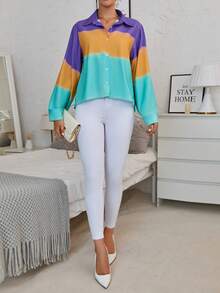 GENKIRA 撞色喇叭袖襯衫 - 藍色 - 查看 3