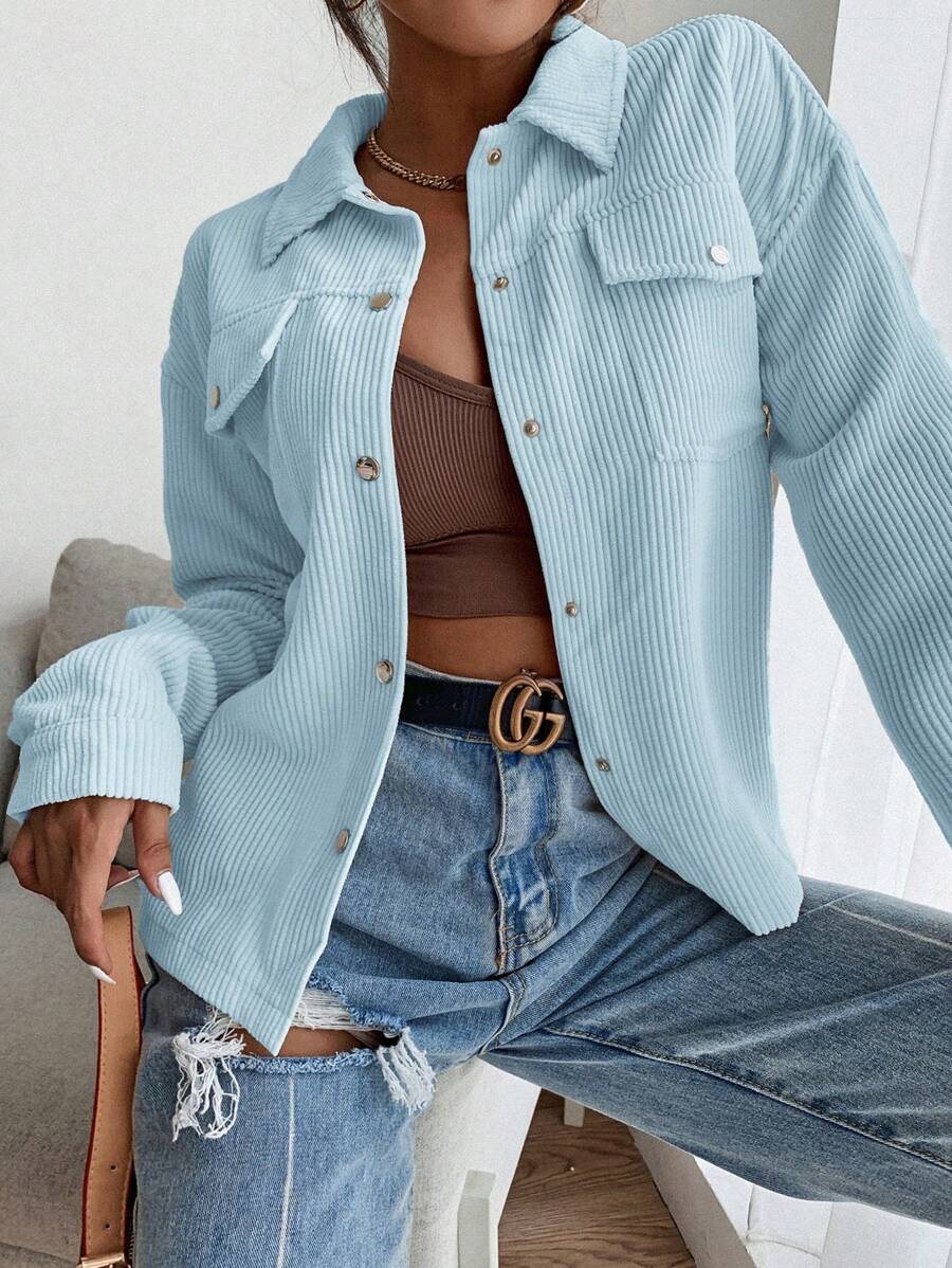SHEIN EZwear 翻蓋口袋落肩袖燈芯絨夾克 - 淺藍色 - 查看 1