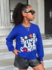 SHEIN Tween Girl Slogan Pattern Floral Crochet Drop Shoulder Sweater - Multicolor - View 1
