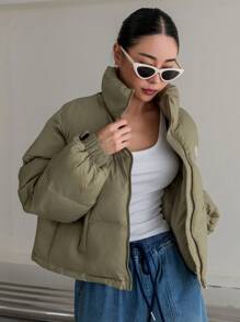 DAZY Letter Graphic Zip Up Padded Thick Pockets Coat, Women Winter Coat - Green - View 4