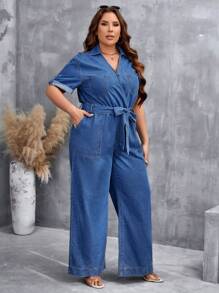 SHEIN LUNE 大碼補丁貼口袋腰帶牛仔連身褲