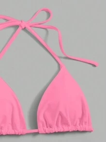 SHEIN Swim Summer Beach Solid Bikini Set Halter Triangle Bra & Thong 2 Piece Bathing Suit - Pink - View 4