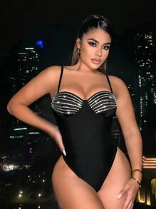 SHEIN SXY 水鑽細節吊帶連體衣 - 黑色 - 查看 1