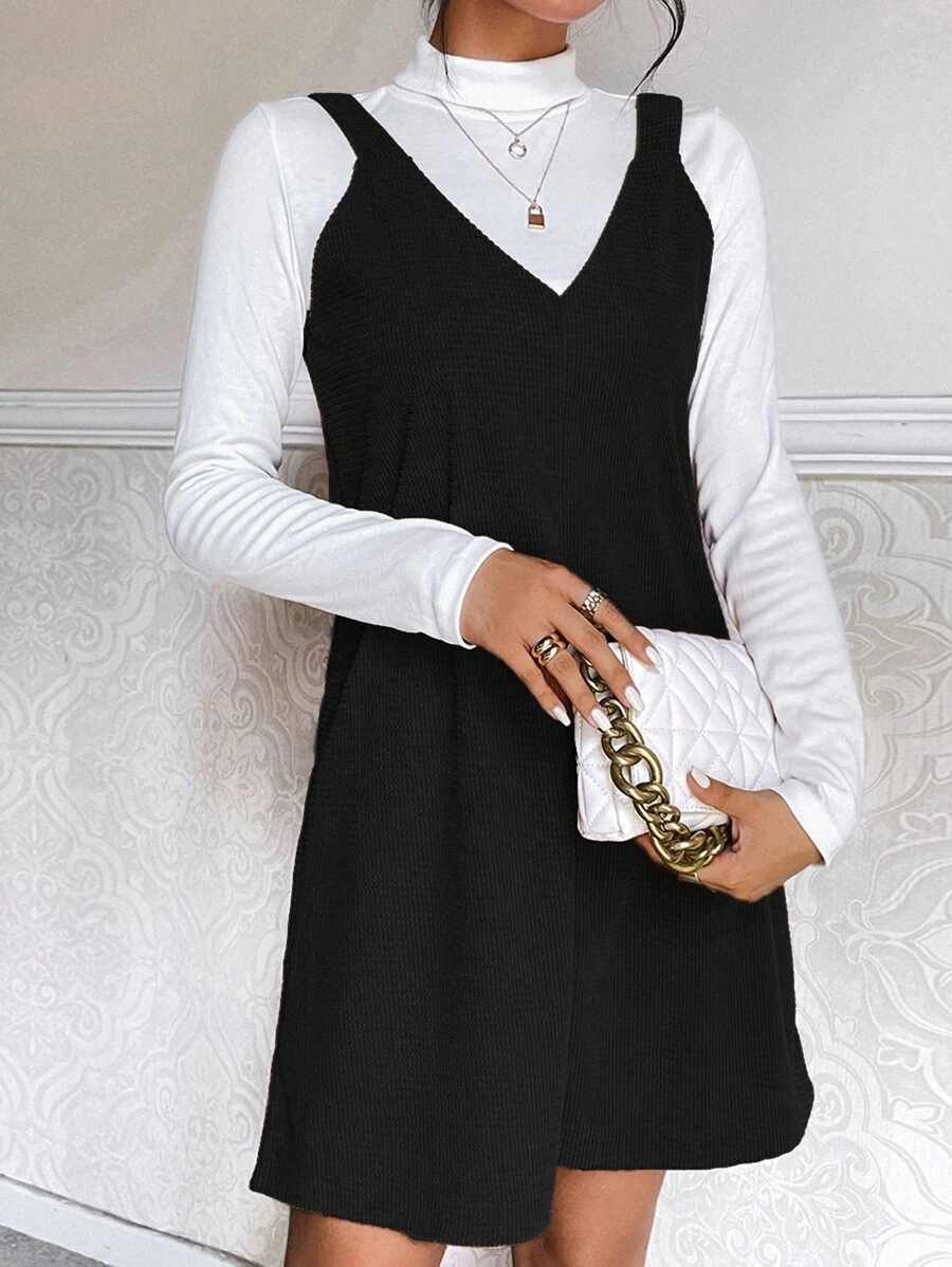 SHEIN LUNE Chất rắn Đầm Pinafore Without Tee - màu đen - Xem 1