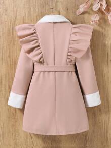 SHEIN Tween Girl Borg Collar Ruffle Trim Belted Overcoat - Pink - View 2