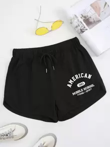 SHEIN EZwear 字母圖案腰部抽繩運動短褲 - 黑色 - 查看 1