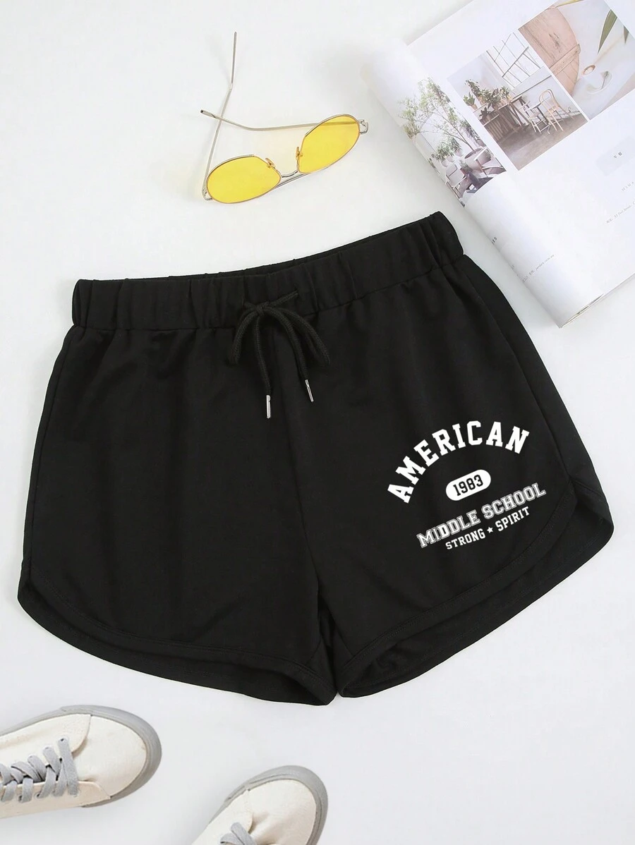 SHEIN EZwear 字母圖案腰部抽繩運動短褲 - 黑色 - 查看 1