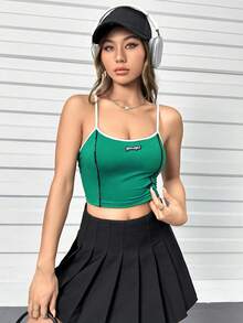 SHEIN Unity 字母補丁細節撞色滾邊吊帶短上衣 - 綠色 - 查看 4