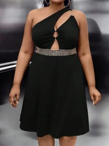 Maweii Plus One Shoulder Ring Linked Cut Out Dress - Black - View 3