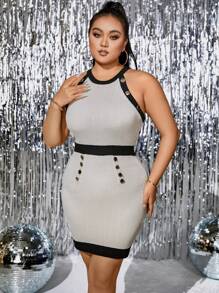 Celure Talla grande Vestido de punto ribete en contraste con diseño de botón de cuello halter