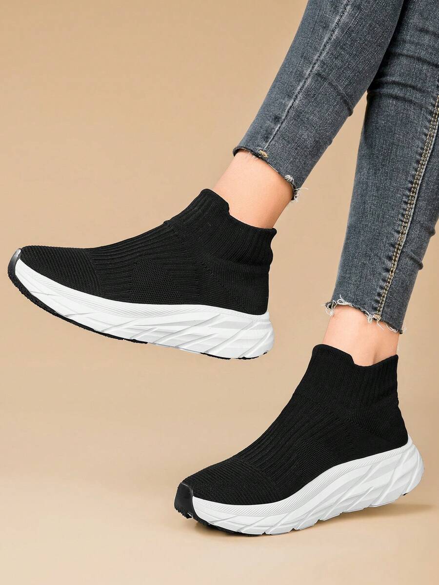 Fashionable Socks Shoes, Solid Color, Soft Sole, Unisex (for Casual Sports Wear) - Black and White - View 1
