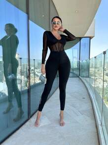 SHEIN VaVaLuxe Contrast Mesh Unitard Jumpsuit - Black - View 1