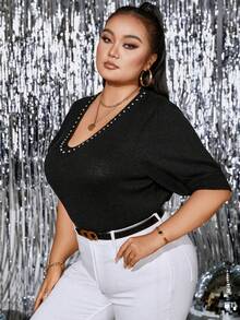 Celure 休閒珠子 水鑽純色大碼針織上衣 - 黑色 - 查看 5