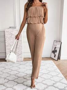 SHEIN 孕婦荷葉邊褶皺吊帶上衣&闊腿褲 - 杏色 - 查看 6