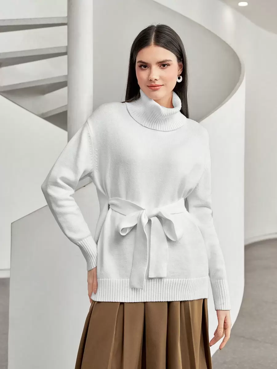 Seusyu Turtleneck Drop Shoulder Sweater - White - View 1