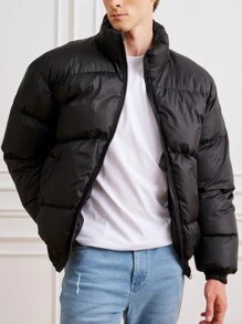 RueChic Men Slant Pockets Puffer Coat - Black - View 7